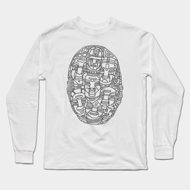 Faces and Expressions Pen and Ink Drawing Composition of Simplistic Tribal Faces Long Sleeve T-Shirt by GeeTee